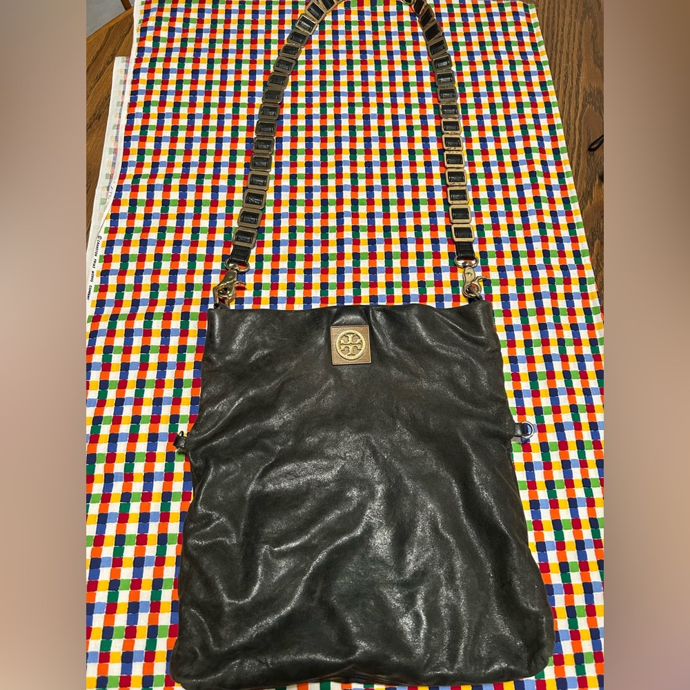 Tory Burch Dena Black Leather Foldover Convertible Crossbody Shoulder Clutch Bag